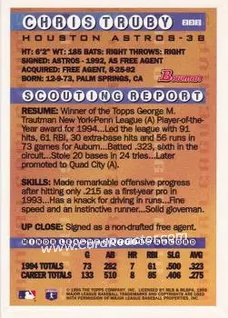 1995 Bowman - Gold Foil #232 - Chris Truby - Houston Astros - Back