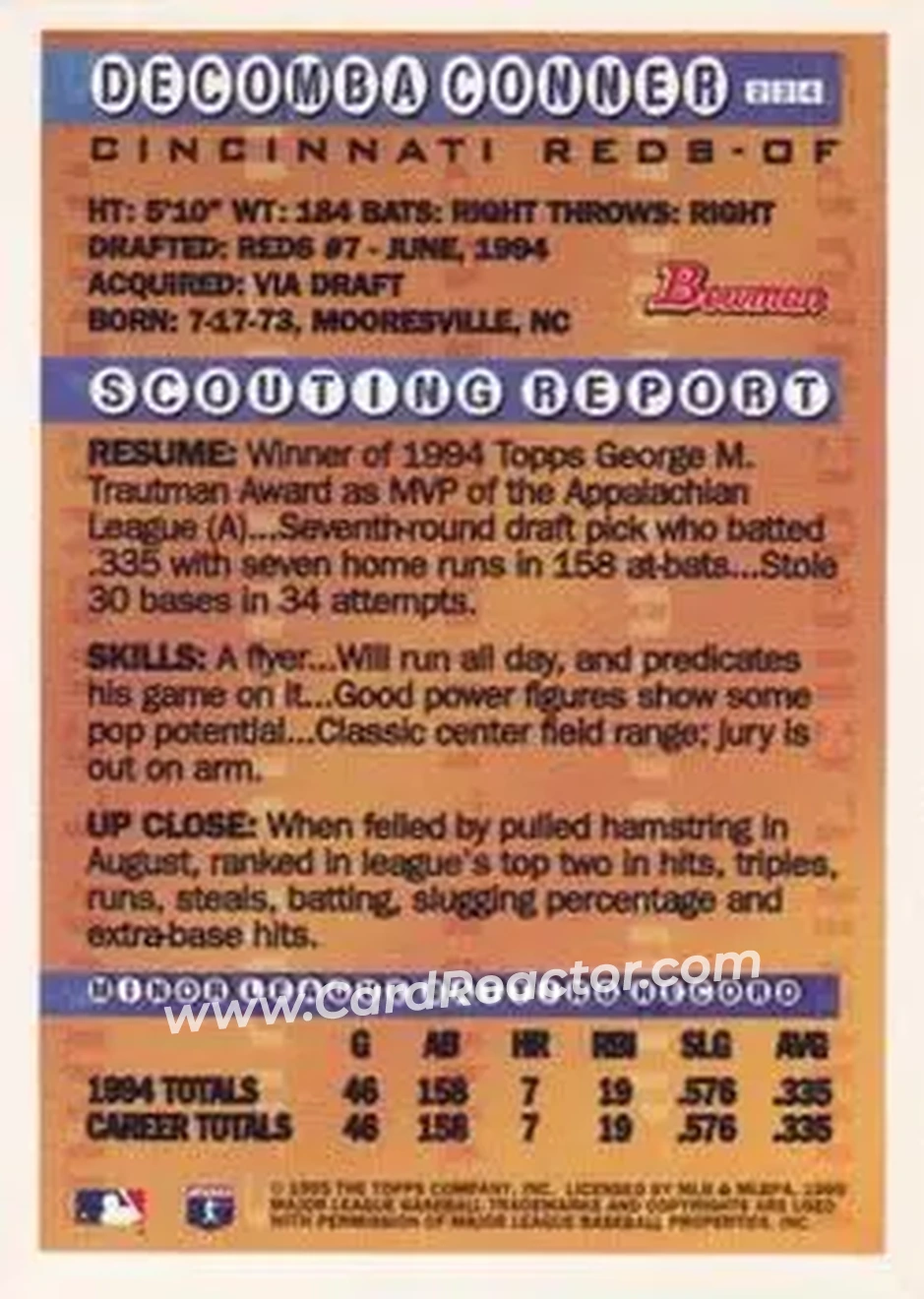 1995 Bowman - Gold Foil #234 - Decomba Conner - Cincinnati Reds - Back
