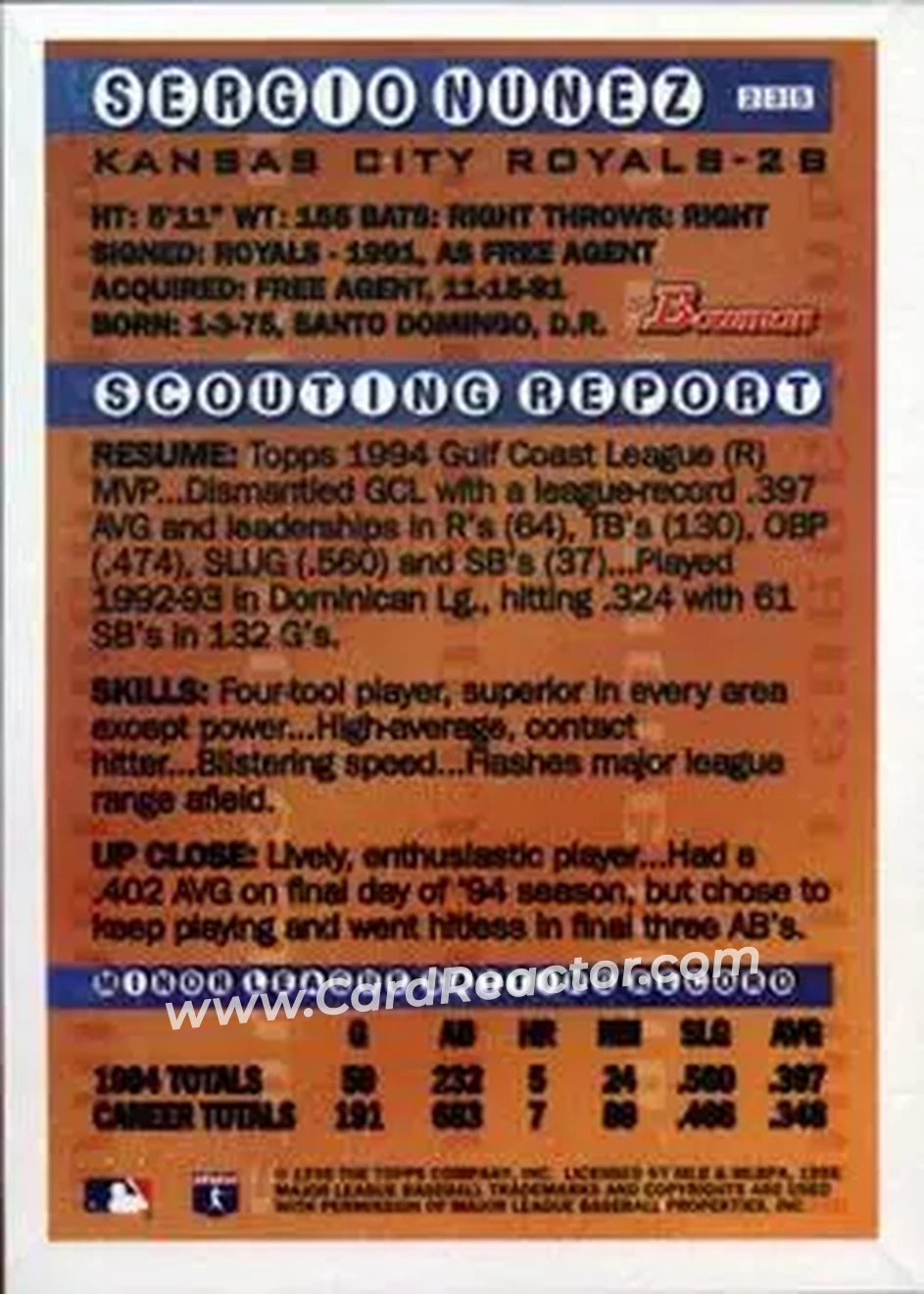 1995 Bowman - Gold Foil #235 - Sergio Nunez - Kansas City Royals - Back