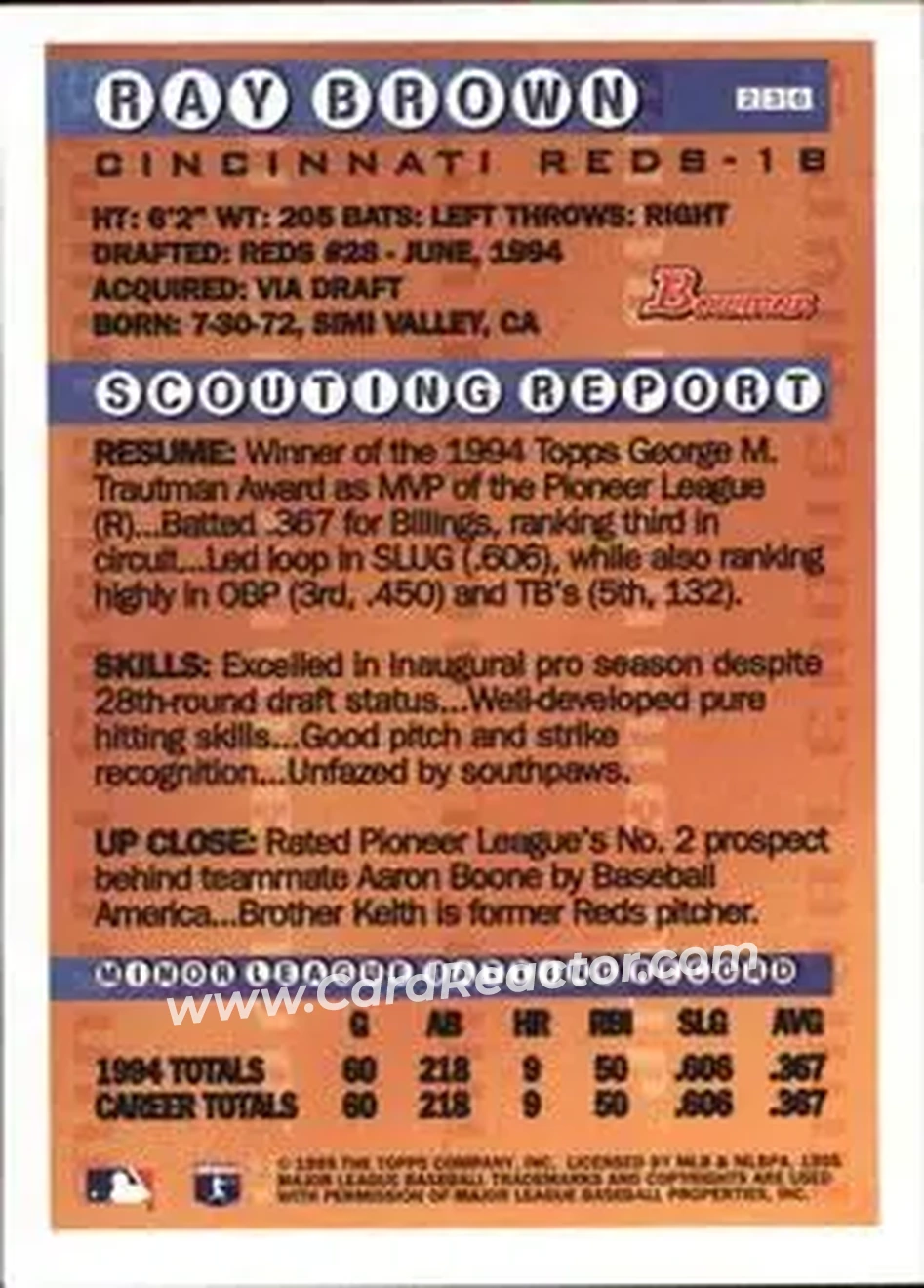 1995 Bowman - Gold Foil #236 - Ray Brown - Cincinnati Reds - Back