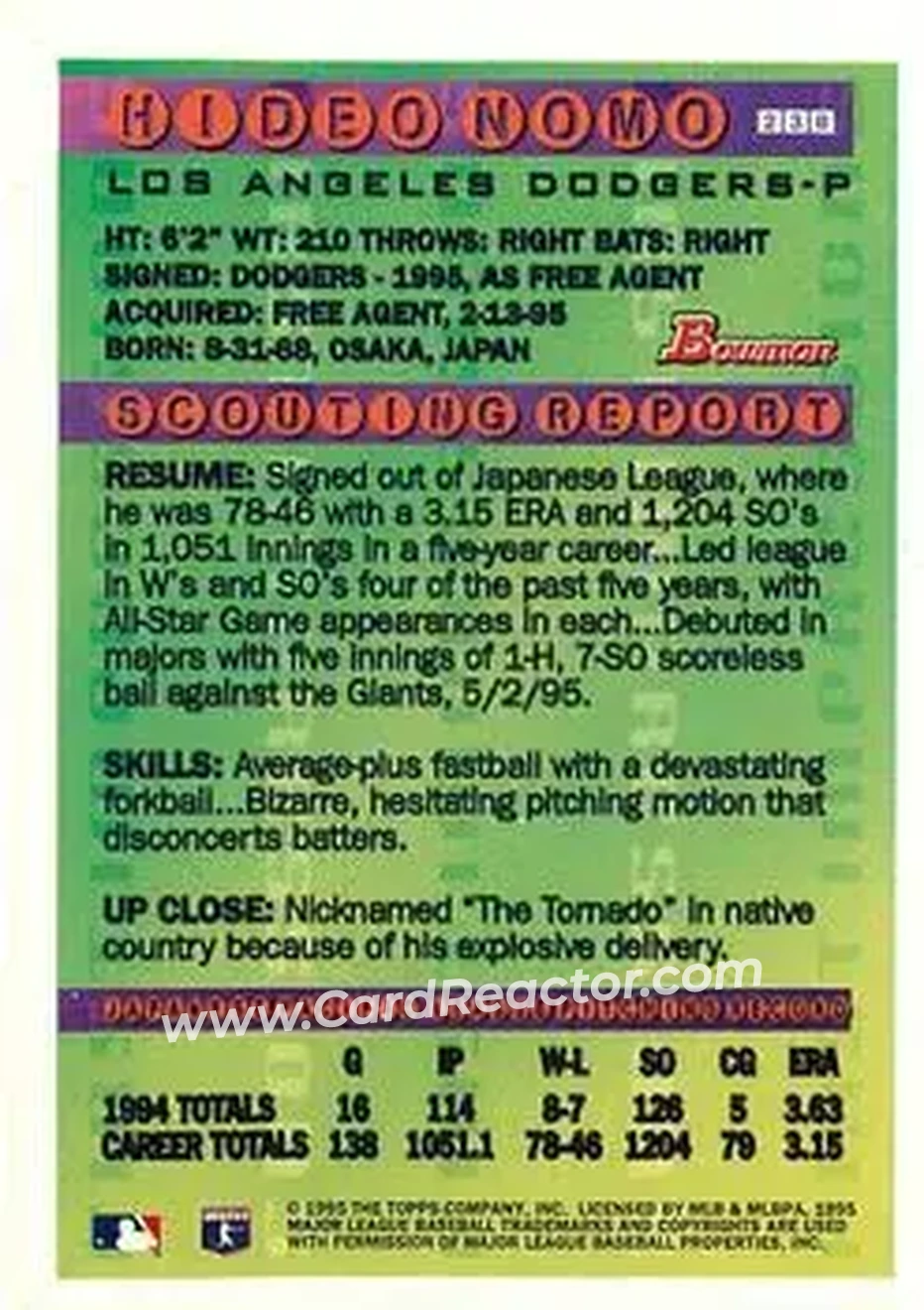 1995 Bowman - Gold Foil #238 - Hideo Nomo - Los Angeles Dodgers - Back