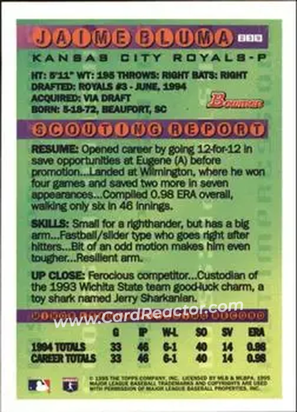 1995 Bowman - Gold Foil #239 - Jaime Bluma - Kansas City Royals - Back