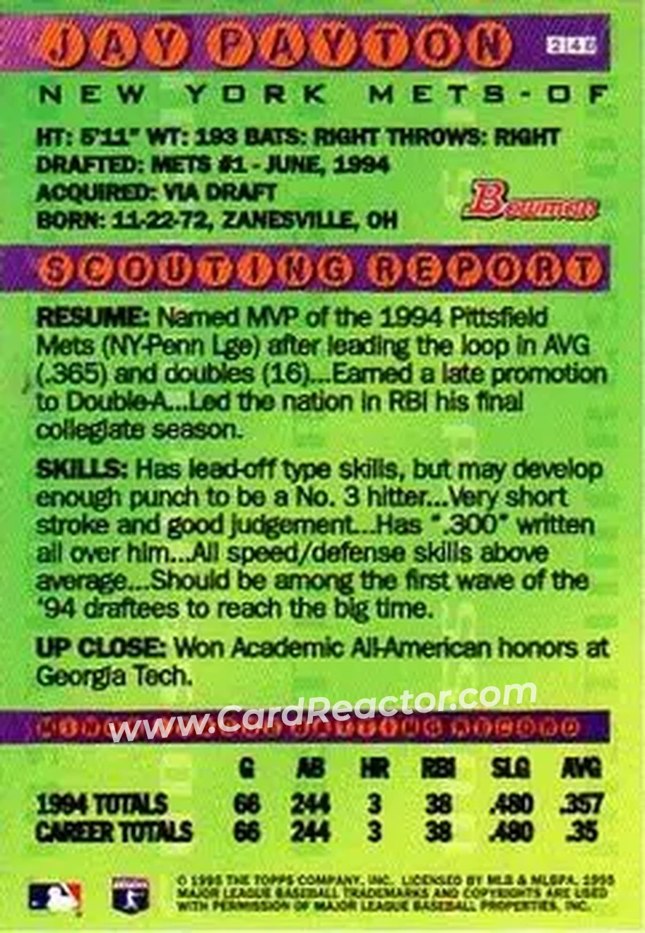 1995 Bowman - Gold Foil #240 - Jay Payton - New York Mets - Back 1995 Bowman - Gold Foil #240 - Jay Payton - New York Mets - Back