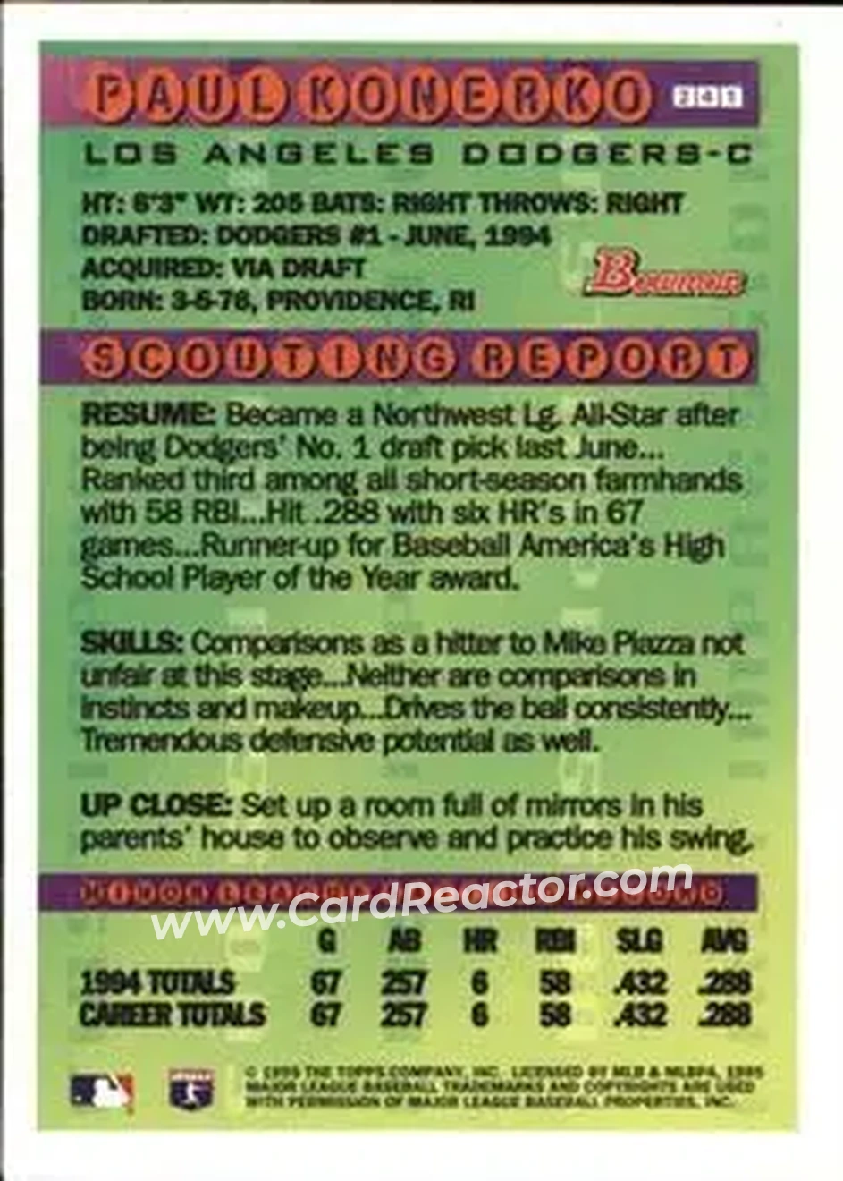 1995 Bowman - Gold Foil #241 - Paul Konerko - Los Angeles Dodgers - Back 1995 Bowman - Gold Foil #241 - Paul Konerko - Los Angeles Dodgers - Back
