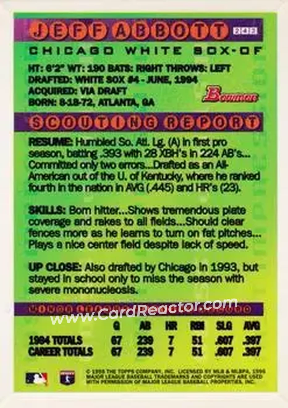 1995 Bowman - Gold Foil #243 - Jeff Abbott - Chicago White Sox - Back
