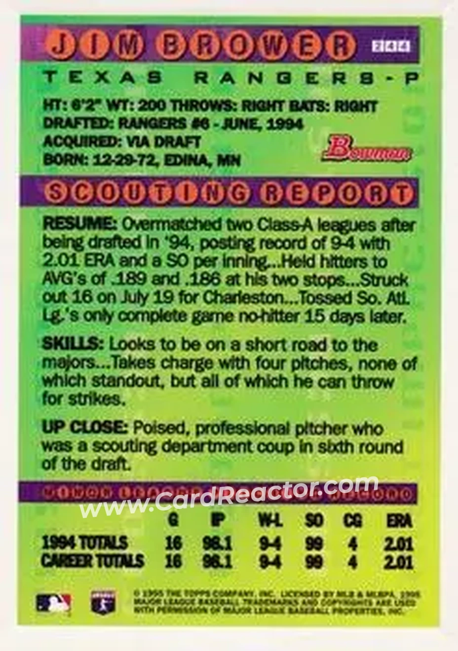 1995 Bowman - Gold Foil #244 - Jim Brower - Texas Rangers - Back