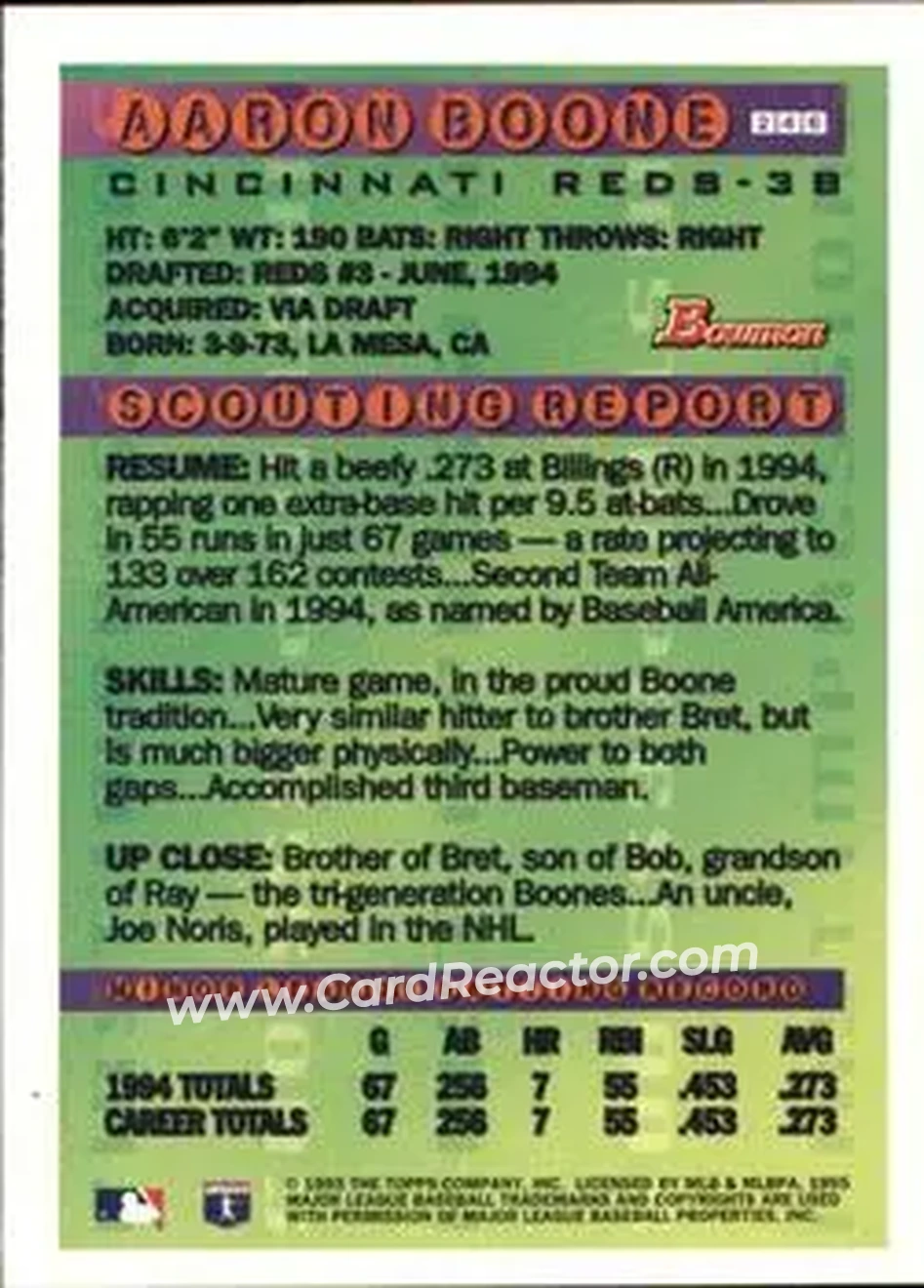 1995 Bowman - Gold Foil #246 - Aaron Boone - Cincinnati Reds - Back