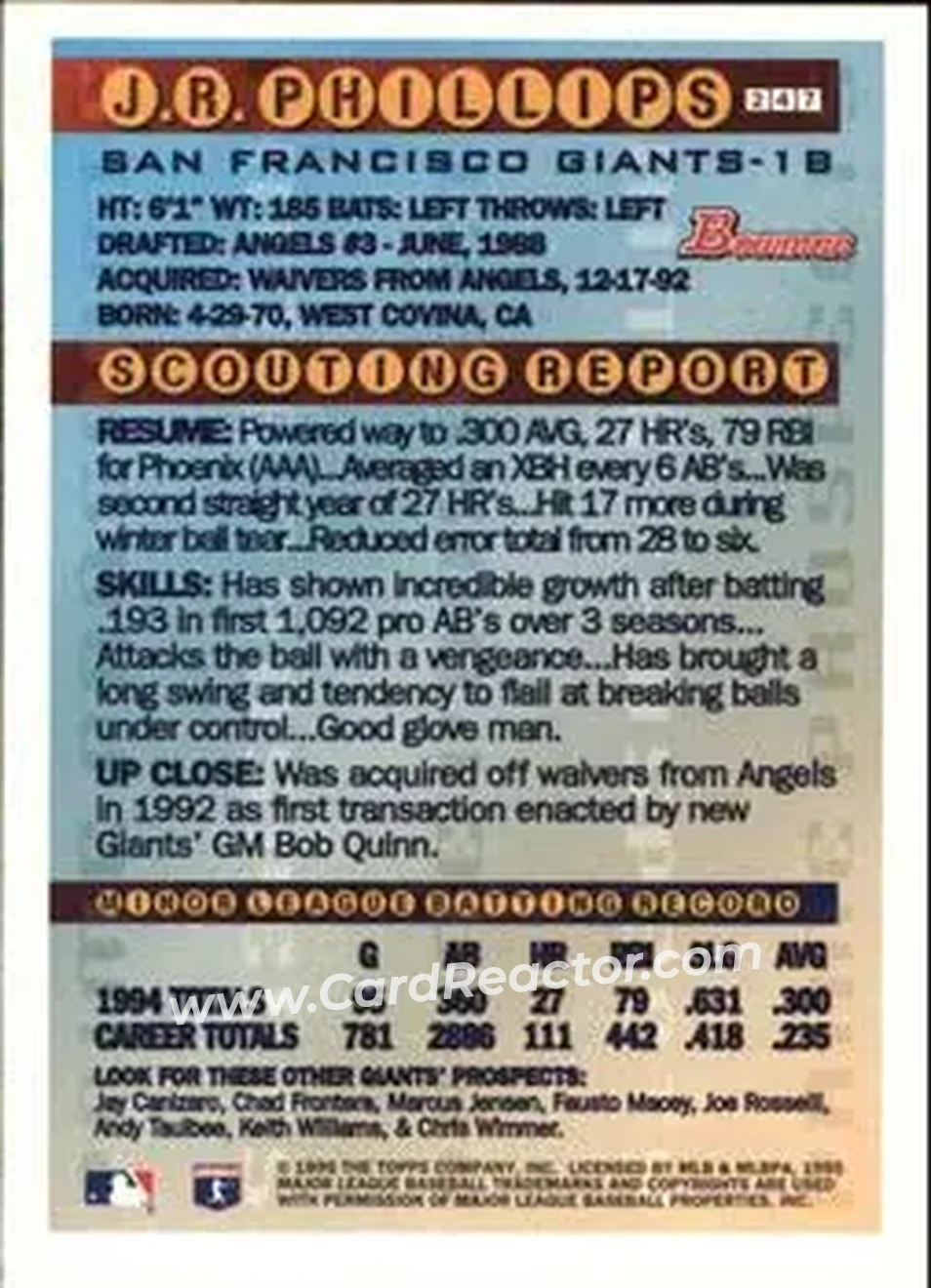 1995 Bowman - Gold Foil #247 - J.R. Phillips - San Francisco Giants - Back