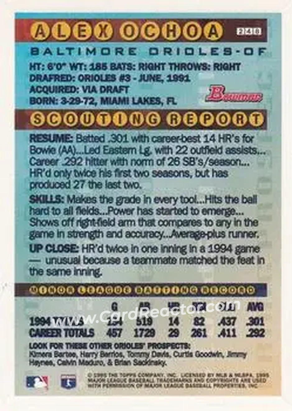 1995 Bowman - Gold Foil #248 - Alex Ochoa - Baltimore Orioles - Back 1995 Bowman - Gold Foil #248 - Alex Ochoa - Baltimore Orioles - Back