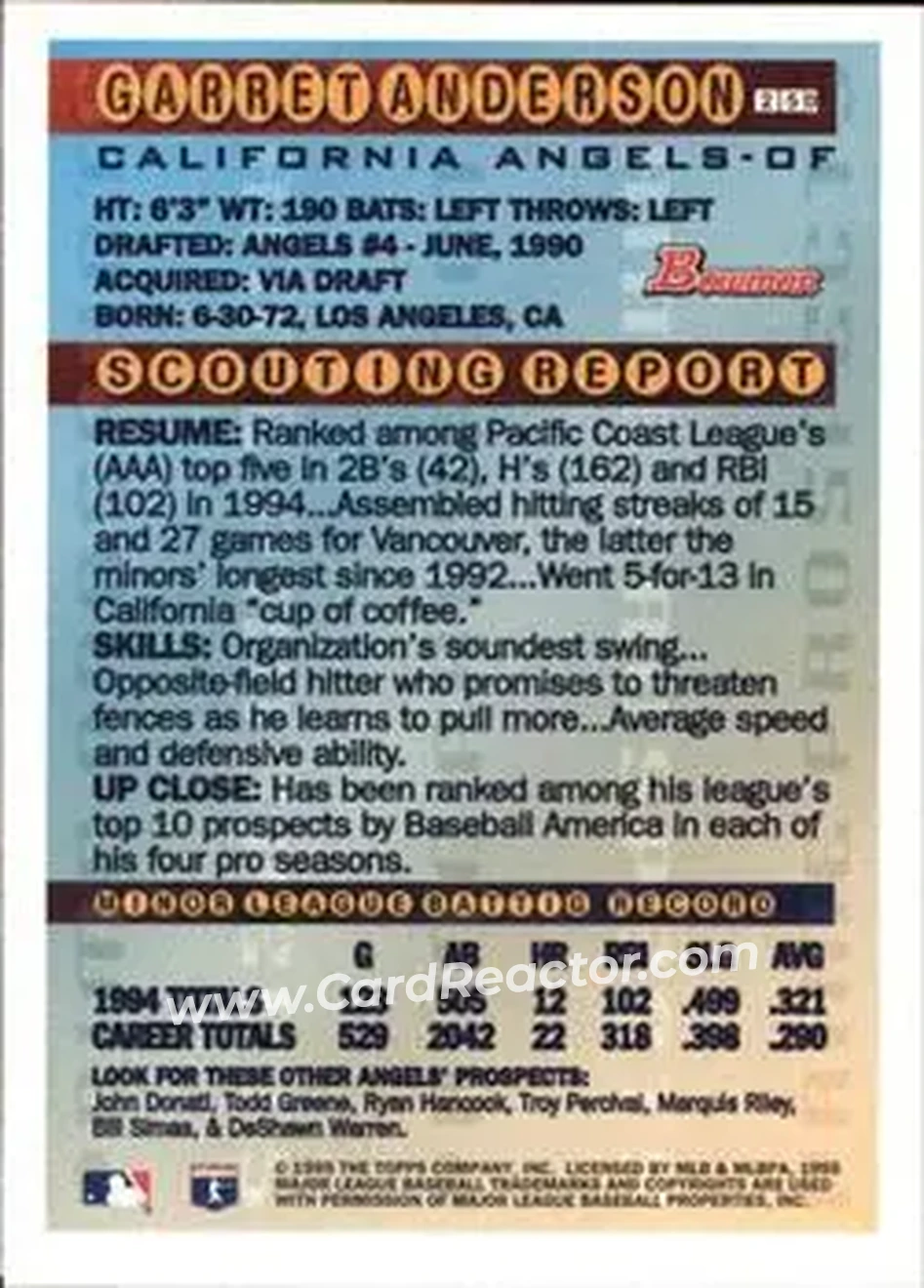 1995 Bowman - Gold Foil #250 - Garret Anderson - California Angels - Back