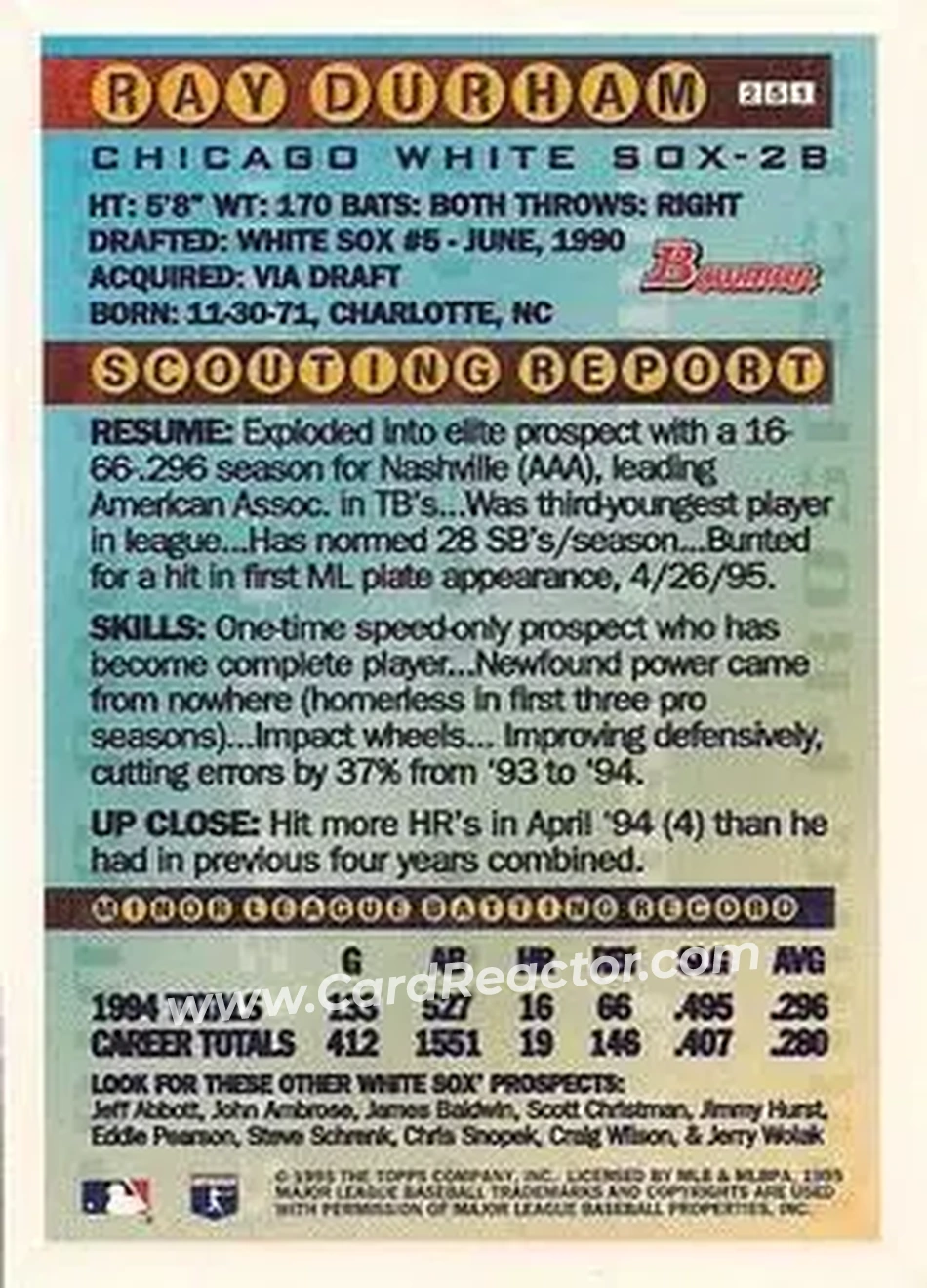 1995 Bowman - Gold Foil #251 - Ray Durham - Chicago White Sox - Back
