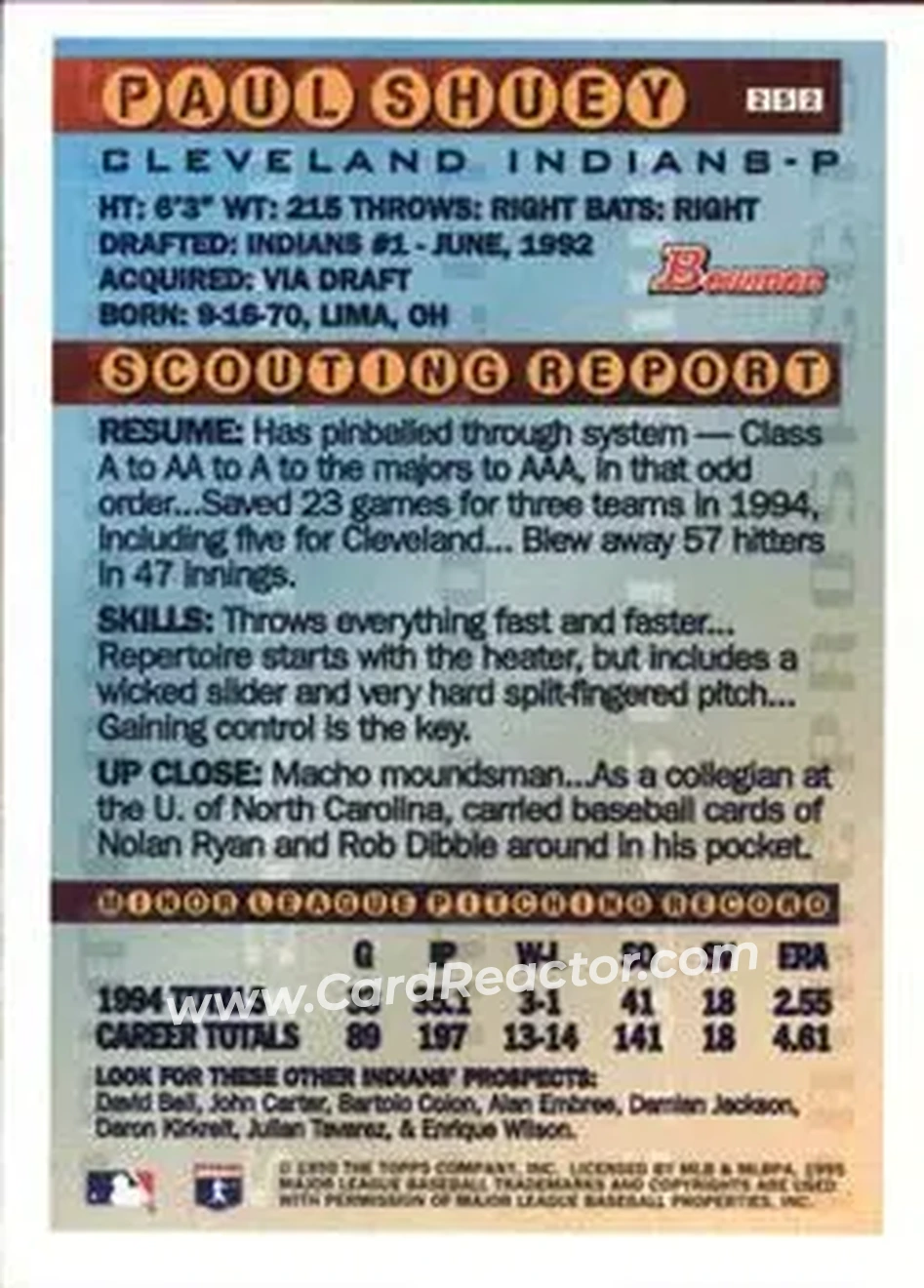 1995 Bowman - Gold Foil #252 - Paul Shuey - Cleveland Indians - Back