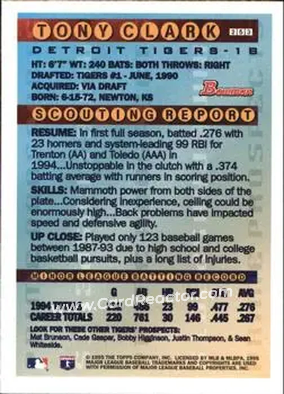 1995 Bowman - Gold Foil #253 - Tony Clark - Detroit Tigers - Back