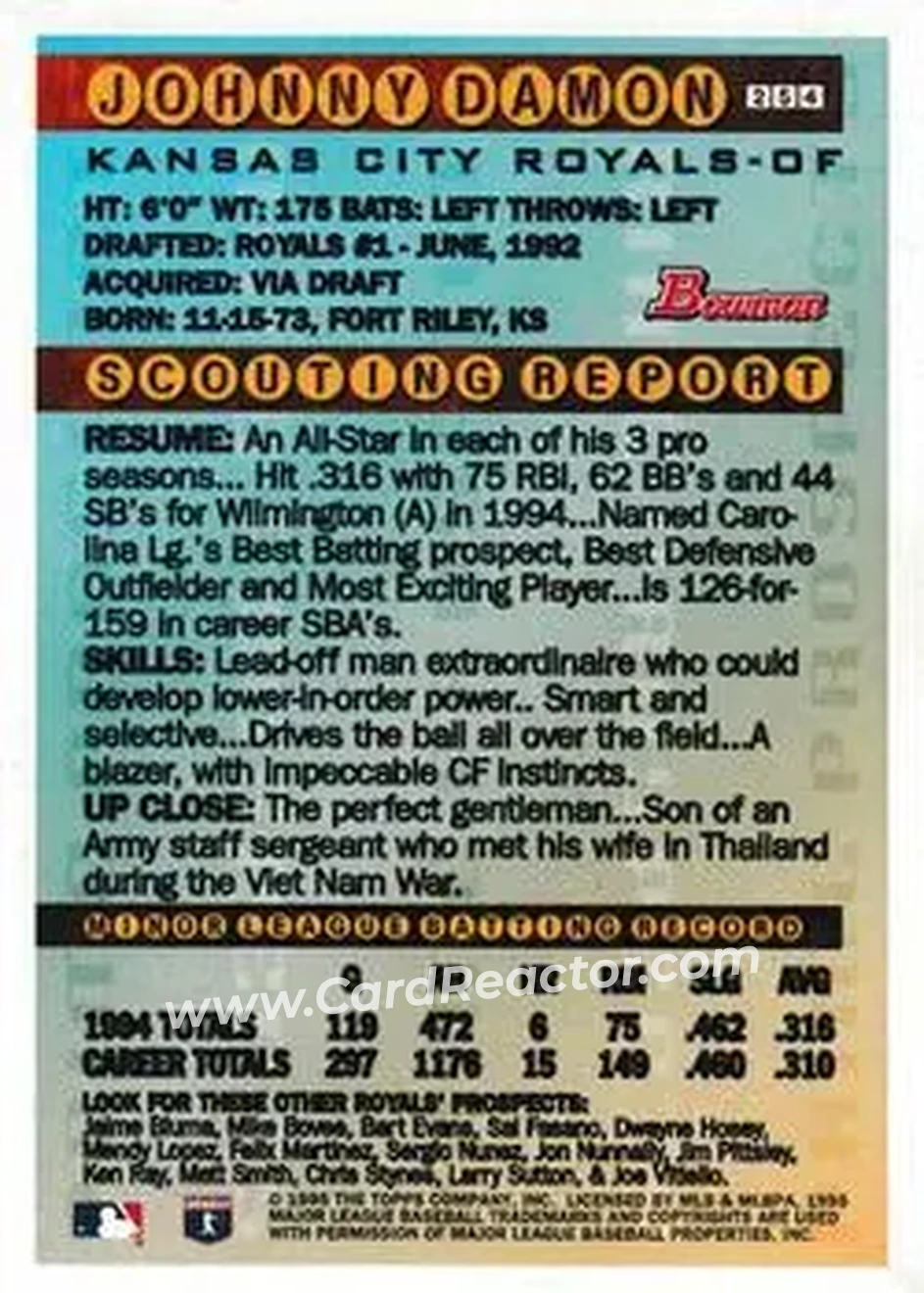 1995 Bowman - Gold Foil #254 - Johnny Damon - Kansas City Royals - Back 1995 Bowman - Gold Foil #254 - Johnny Damon - Kansas City Royals - Back