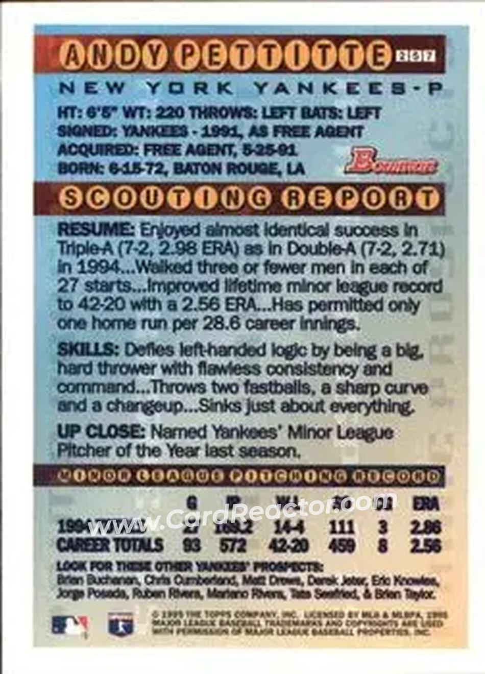 1995 Bowman - Gold Foil #257 - Andy Pettitte - New York Yankees - Back 1995 Bowman - Gold Foil #257 - Andy Pettitte - New York Yankees - Back