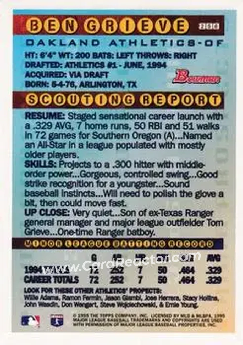1995 Bowman - Gold Foil #258 - Ben Grieve - Oakland Athletics - Back 1995 Bowman - Gold Foil #258 - Ben Grieve - Oakland Athletics - Back