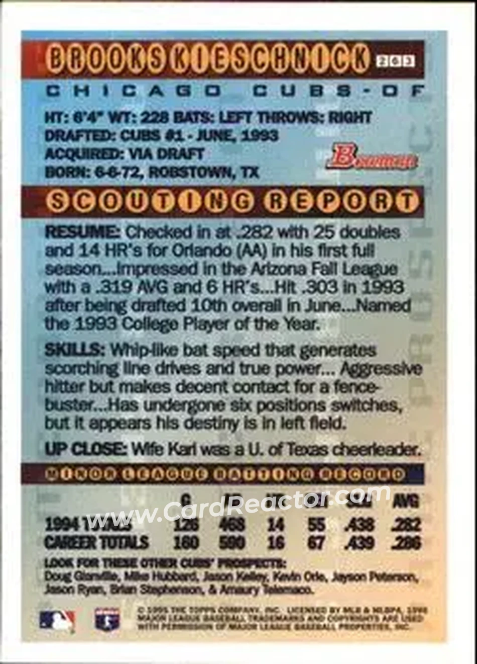 1995 Bowman - Gold Foil #263 - Brooks Kieschnick - Chicago Cubs - Back