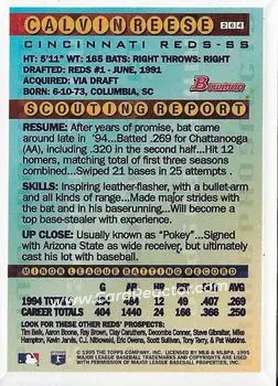 1995 Bowman - Gold Foil #264 - Calvin Reese - Cincinnati Reds - Back
