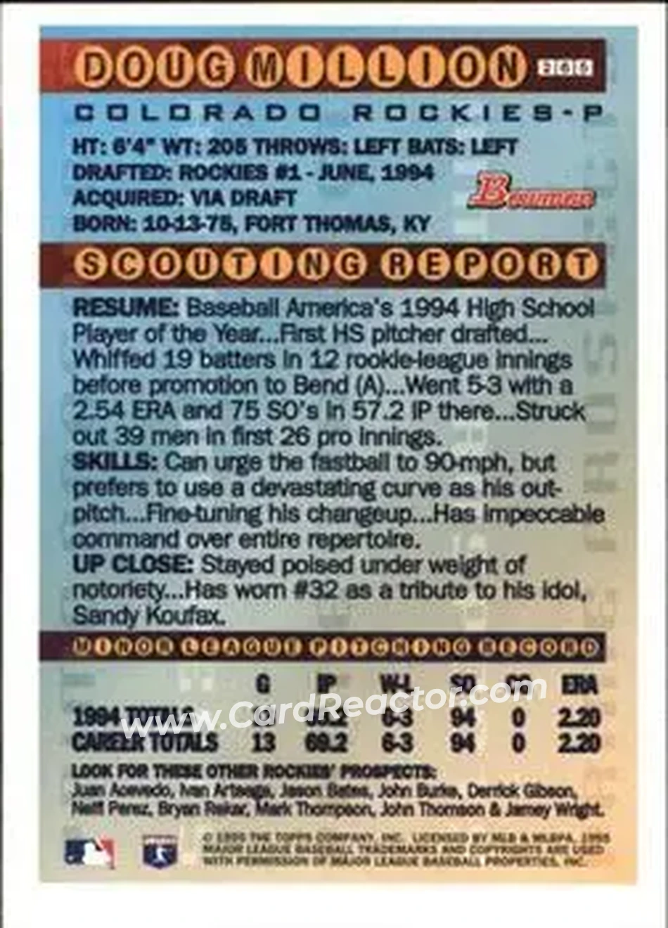 1995 Bowman - Gold Foil #265 - Doug Million - Colorado Rockies - Back