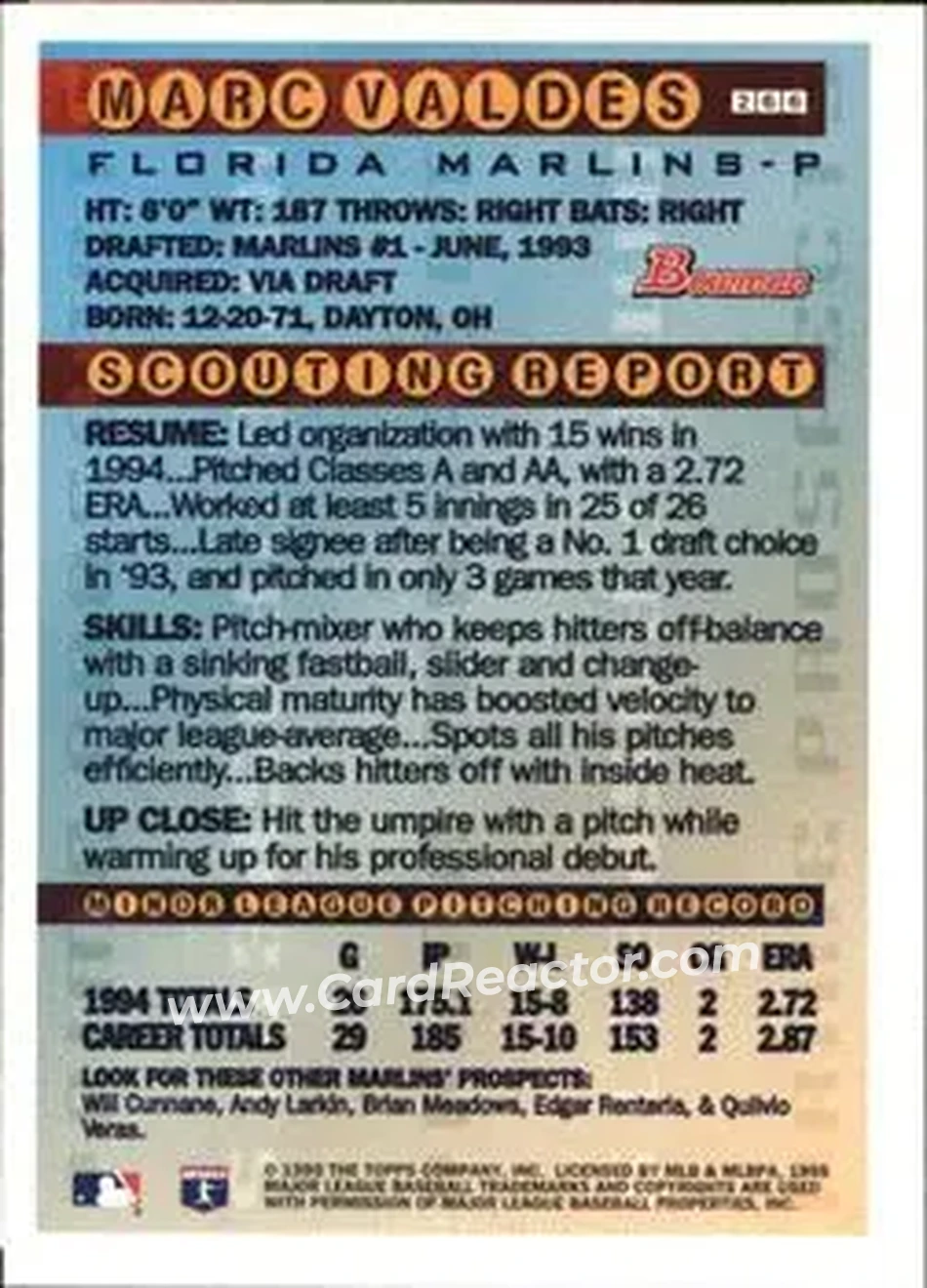 1995 Bowman - Gold Foil #266 - Marc Valdes - Florida Marlins - Back 1995 Bowman - Gold Foil #266 - Marc Valdes - Florida Marlins - Back