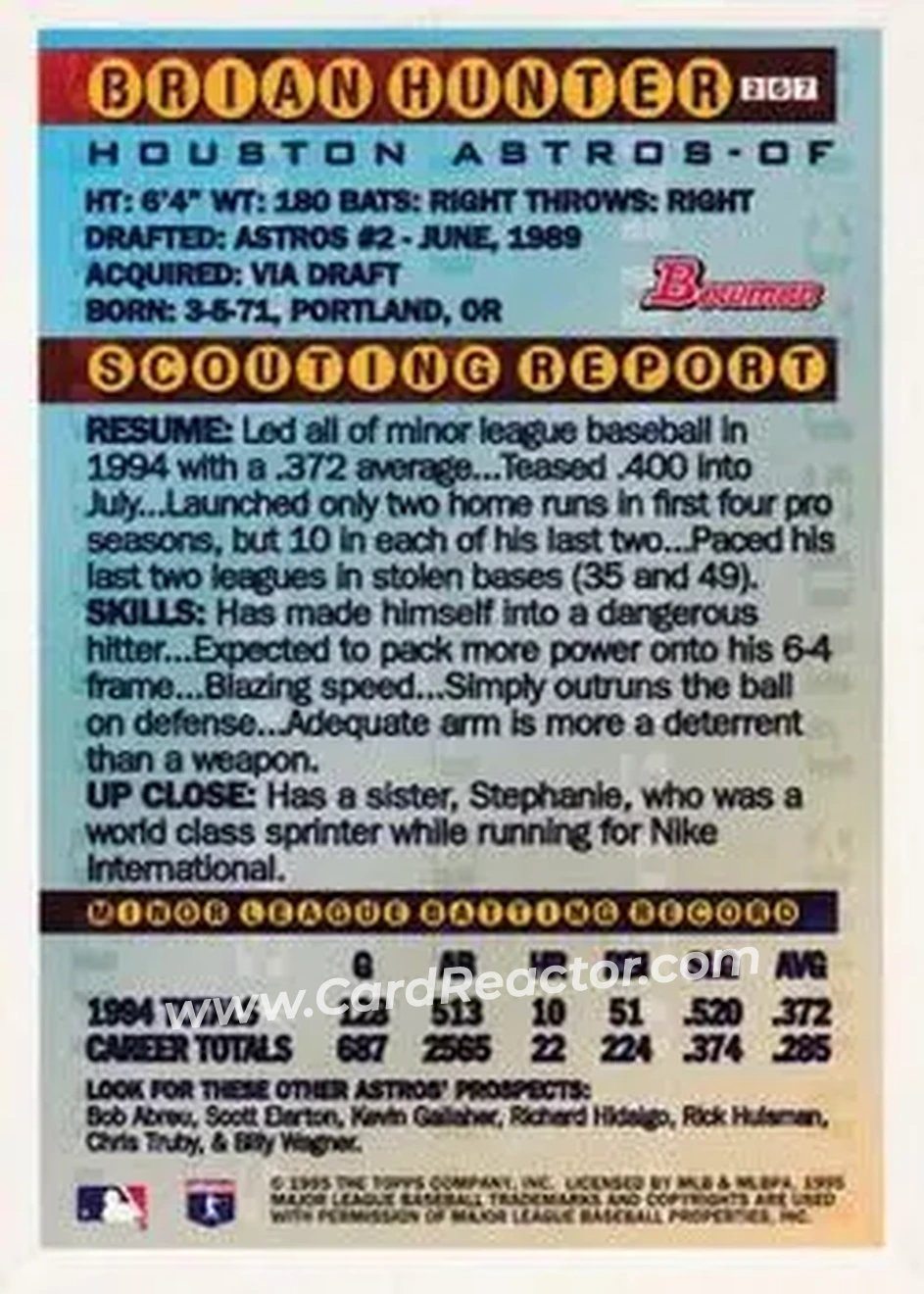 1995 Bowman - Gold Foil #267 - Brian Hunter - Houston Astros - Back 1995 Bowman - Gold Foil #267 - Brian Hunter - Houston Astros - Back