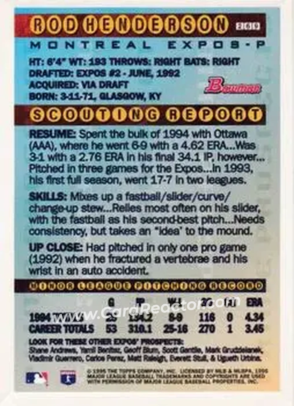 1995 Bowman - Gold Foil #269 - Rod Henderson - Montreal Expos - Back
