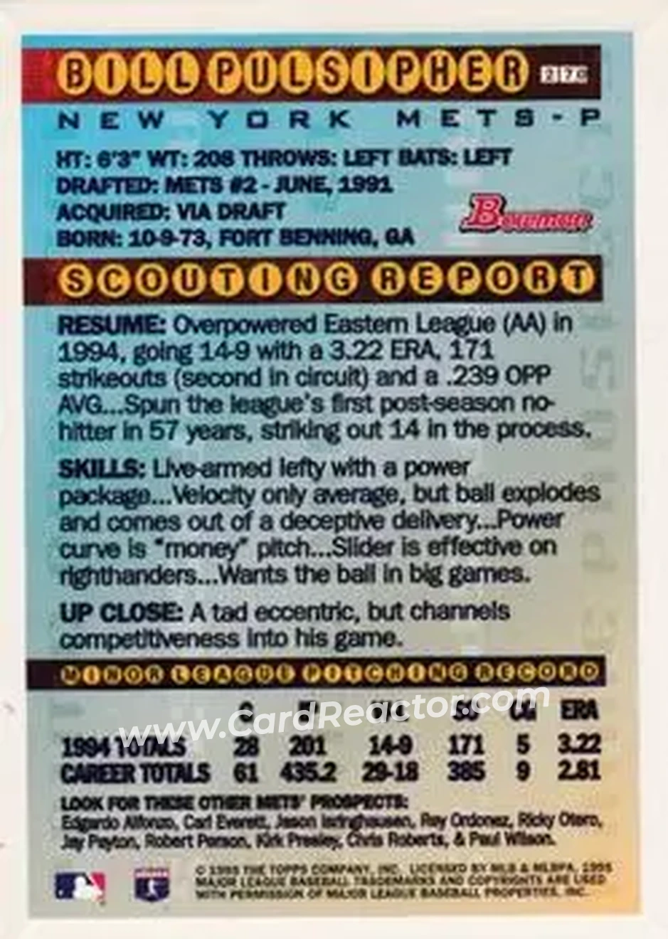 1995 Bowman - Gold Foil #270 - Bill Pulsipher - New York Mets - Back 1995 Bowman - Gold Foil #270 - Bill Pulsipher - New York Mets - Back