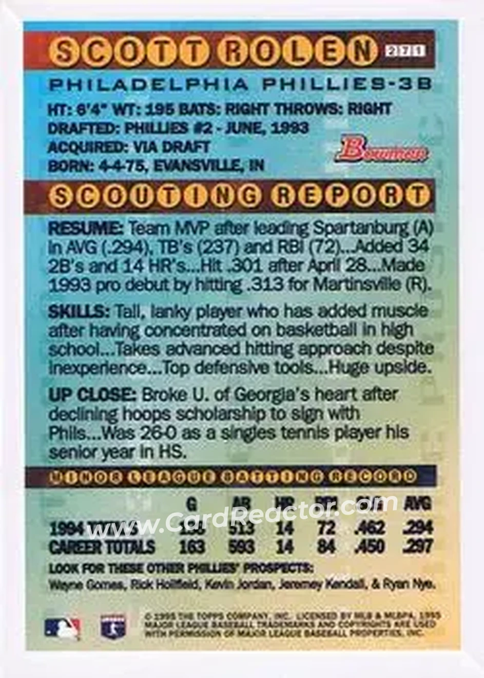 1995 Bowman - Gold Foil #271 - Scott Rolen - Philadelphia Phillies - Back 1995 Bowman - Gold Foil #271 - Scott Rolen - Philadelphia Phillies - Back