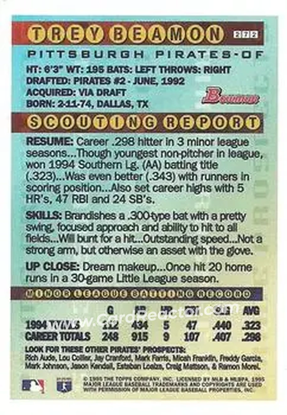 1995 Bowman - Gold Foil #272 - Trey Beamon - Pittsburgh Pirates - Back 1995 Bowman - Gold Foil #272 - Trey Beamon - Pittsburgh Pirates - Back