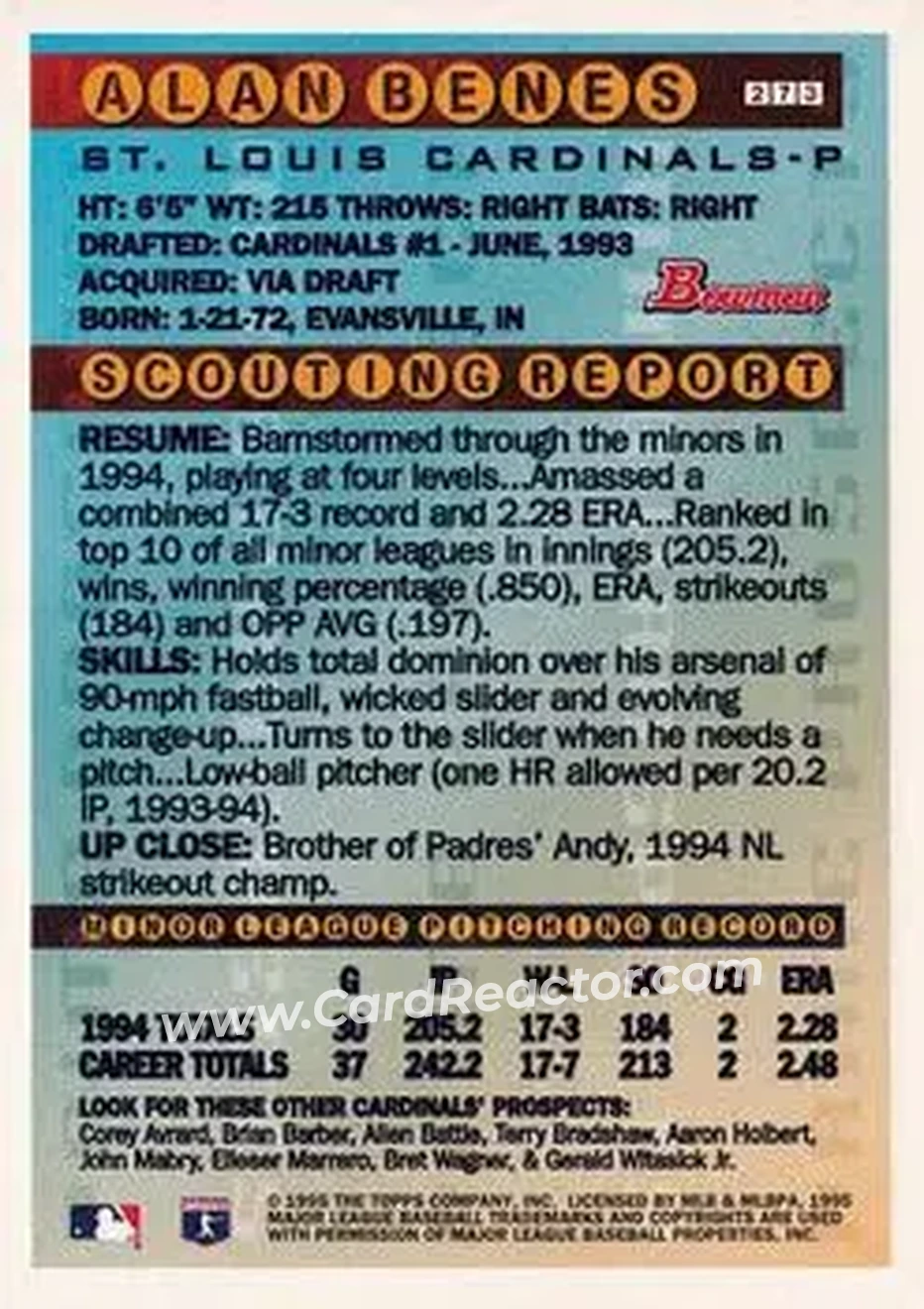 1995 Bowman - Gold Foil #273 - Alan Benes - St. Louis Cardinals - Back