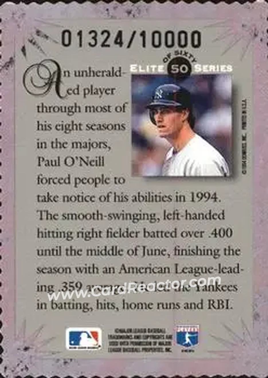 1995 Donruss - Elite Series #50 - Paul O'Neill - New York Yankees - Back