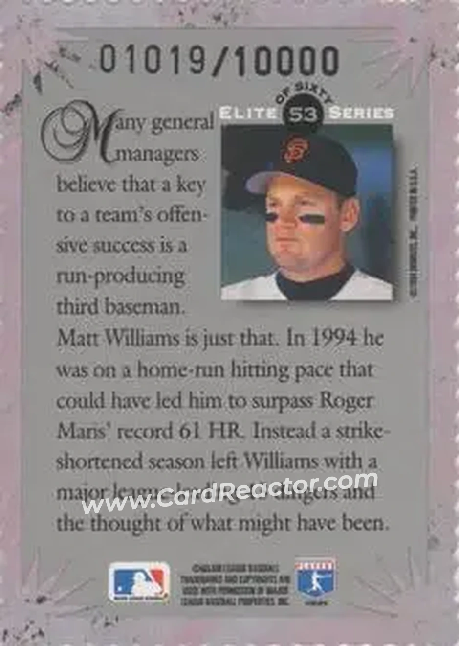 1995 Donruss - Elite Series #53 - Matt Williams - San Francisco Giants - Back