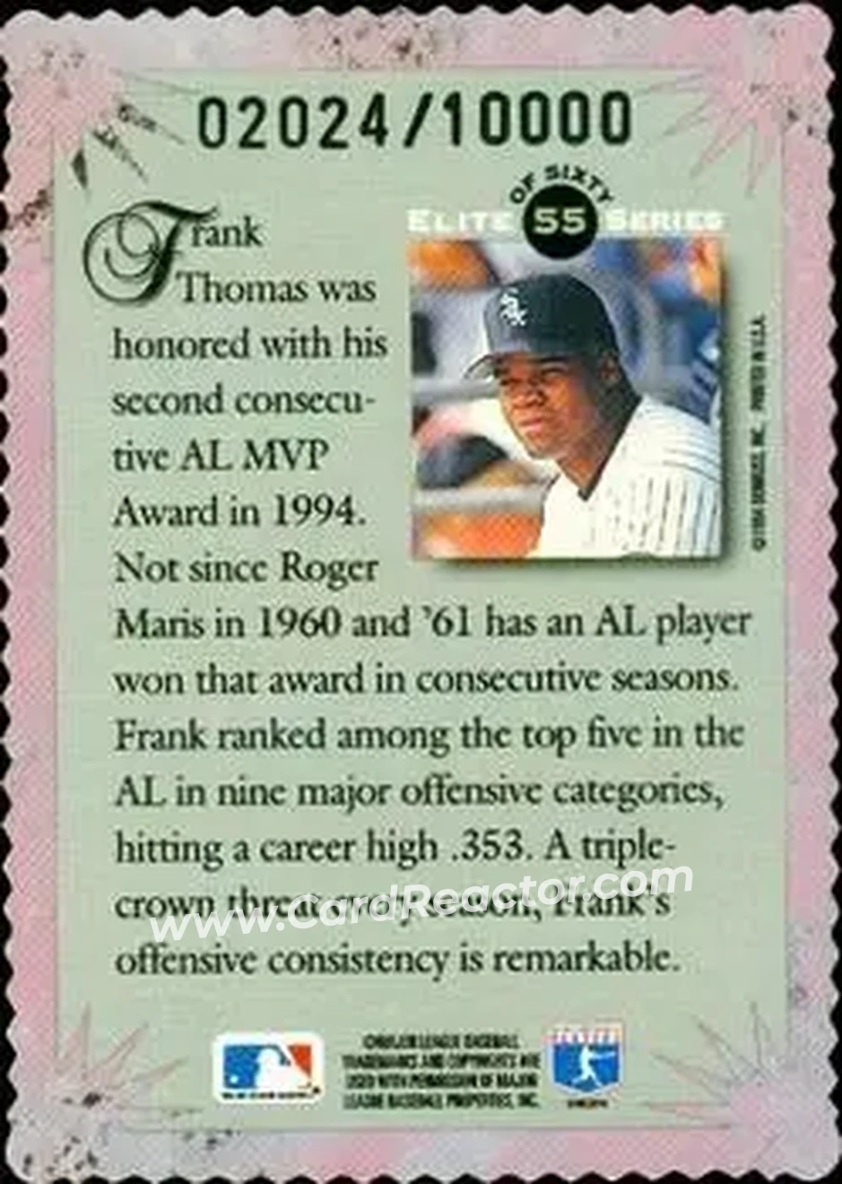 1995 Donruss - Elite Series #55 - Frank Thomas - Chicago White Sox - Back