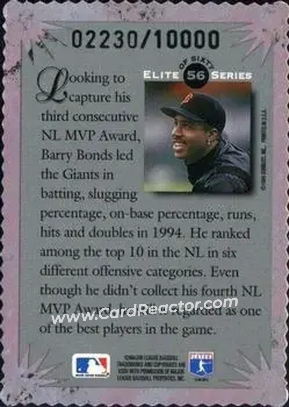1995 Donruss - Elite Series #56 - Barry Bonds - San Francisco Giants - Back