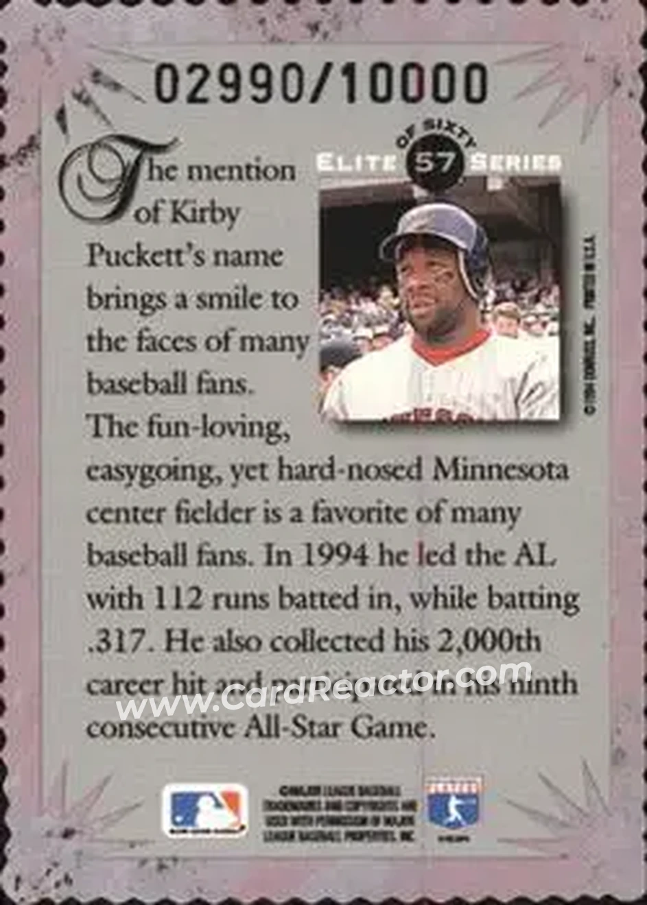 1995 Donruss - Elite Series #57 - Kirby Puckett - Minnesota Twins - Back
