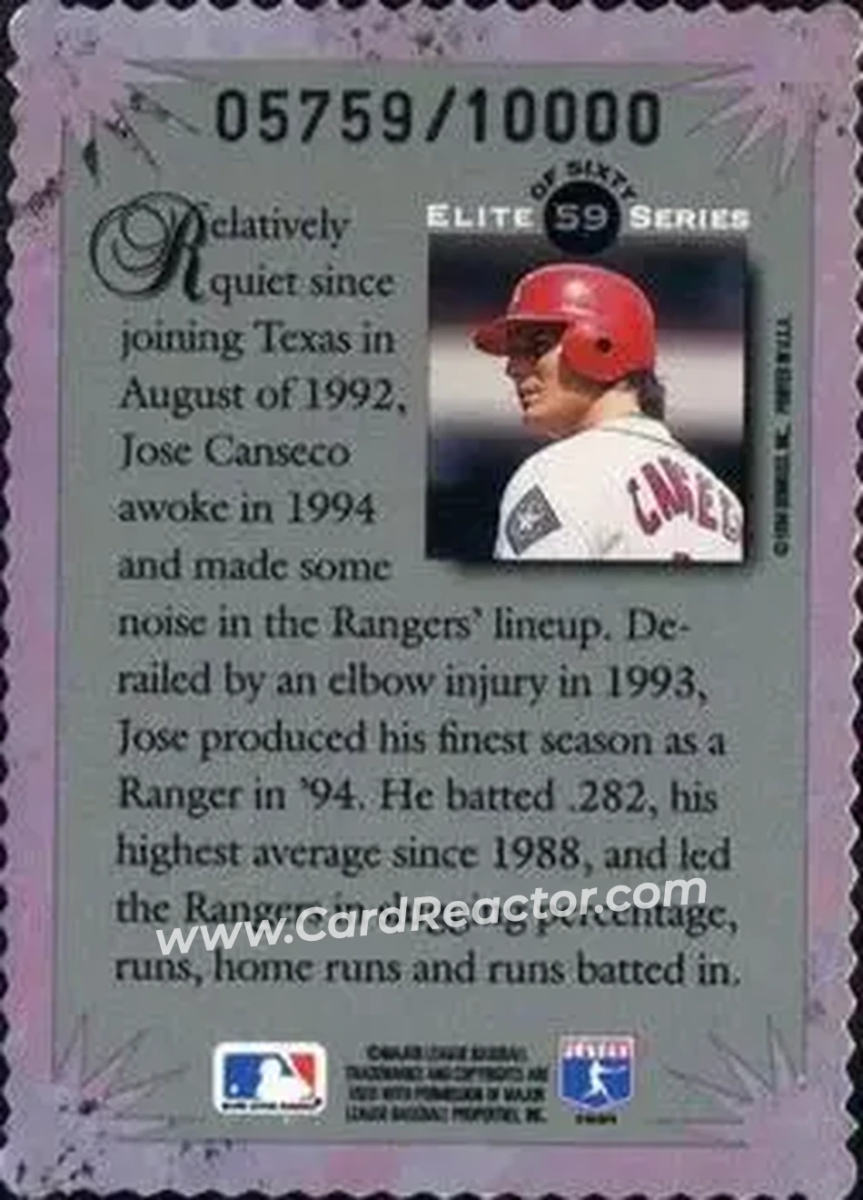 1995 Donruss - Elite Series #59 - Jose Canseco - Texas Rangers - Back