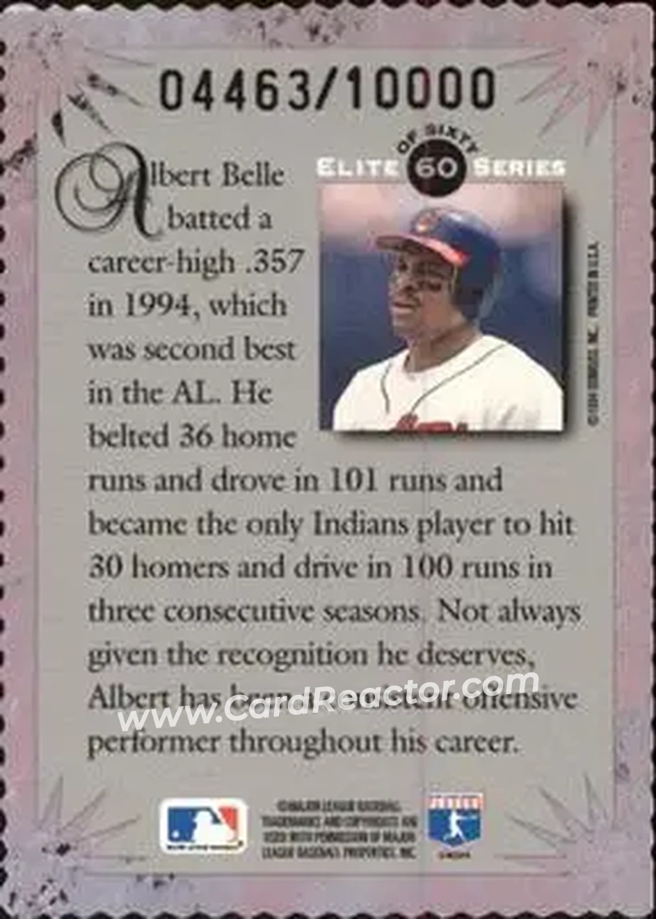 1995 Donruss - Elite Series #60 - Albert Belle - Cleveland Indians - Back 1995 Donruss - Elite Series #60 - Albert Belle - Cleveland Indians - Back