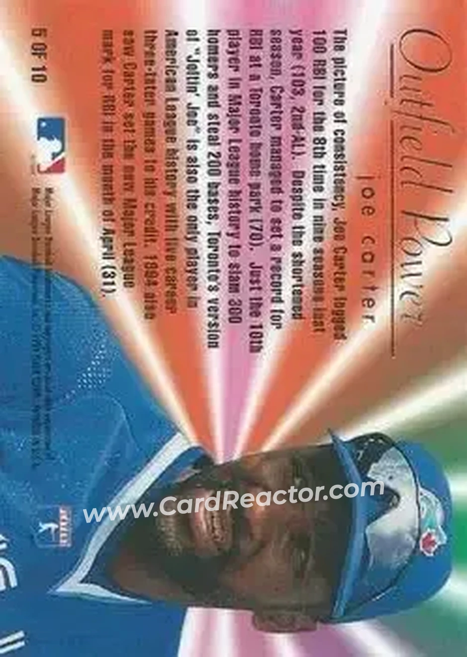 1995 Flair - Outfield Power #5 - Joe Carter - Toronto Blue Jays - Back 1995 Flair - Outfield Power #5 - Joe Carter - Toronto Blue Jays - Back