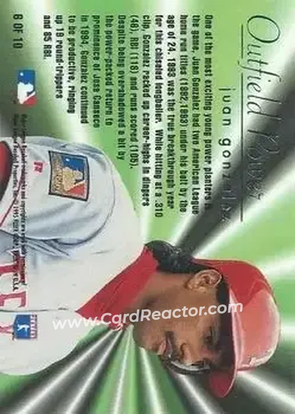 1995 Flair - Outfield Power #6 - Juan Gonzalez - Texas Rangers - Back