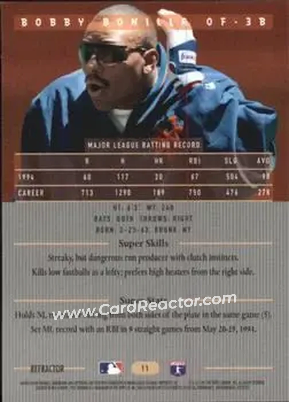 1995 Bowman's Best - Refractors #11 - Bobby Bonilla - New York Mets - Back 1995 Bowman's Best - Refractors #11 - Bobby Bonilla - New York Mets - Back