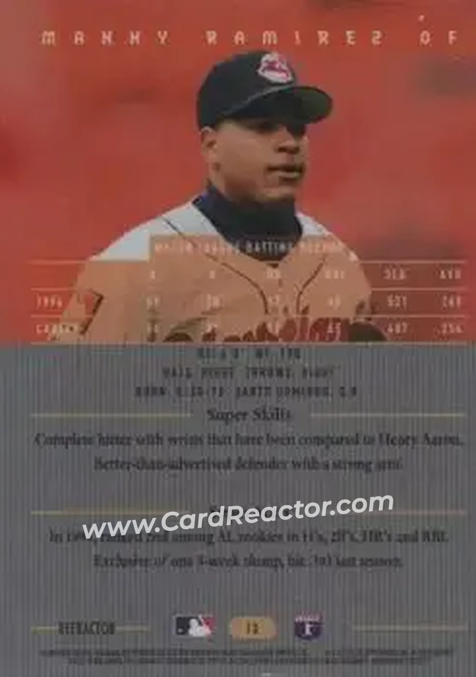 1995 Bowman's Best - Refractors #12 - Manny Ramirez - Cleveland Indians - Back 1995 Bowman's Best - Refractors #12 - Manny Ramirez - Cleveland Indians - Back
