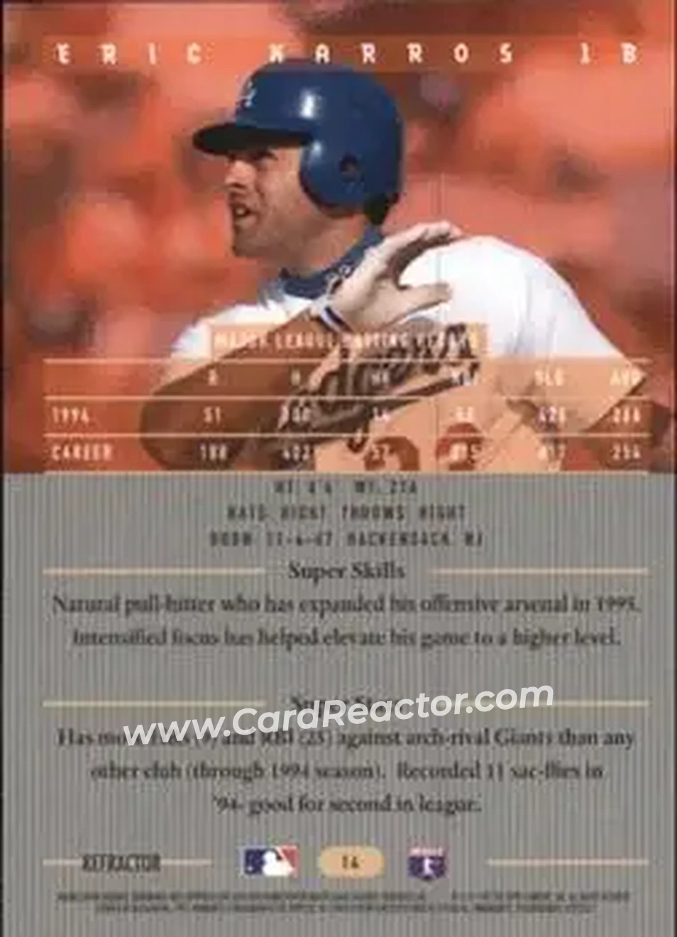 1995 Bowman's Best - Refractors #14 - Eric Karros - Los Angeles Dodgers - Back 1995 Bowman's Best - Refractors #14 - Eric Karros - Los Angeles Dodgers - Back