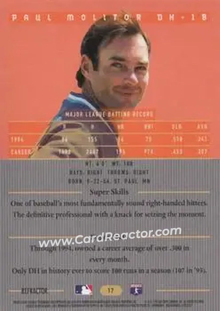 1995 Bowman's Best - Refractors #17 - Paul Molitor - Toronto Blue Jays - Back 1995 Bowman's Best - Refractors #17 - Paul Molitor - Toronto Blue Jays - Back
