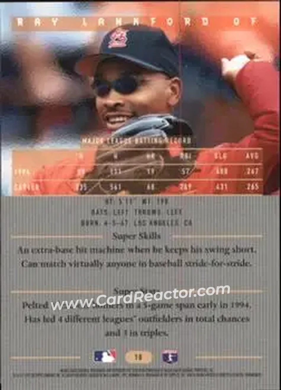 1995 Bowman's Best - Refractors #18 - Ray Lankford - St. Louis Cardinals - Back 1995 Bowman's Best - Refractors #18 - Ray Lankford - St. Louis Cardinals - Back