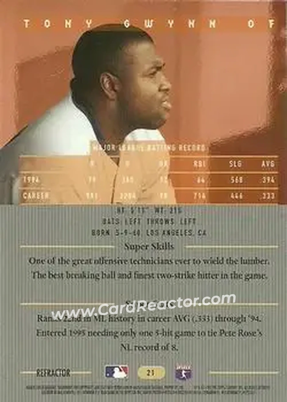 1995 Bowman's Best - Refractors #21 - Tony Gwynn - San Diego Padres - Back 1995 Bowman's Best - Refractors #21 - Tony Gwynn - San Diego Padres - Back