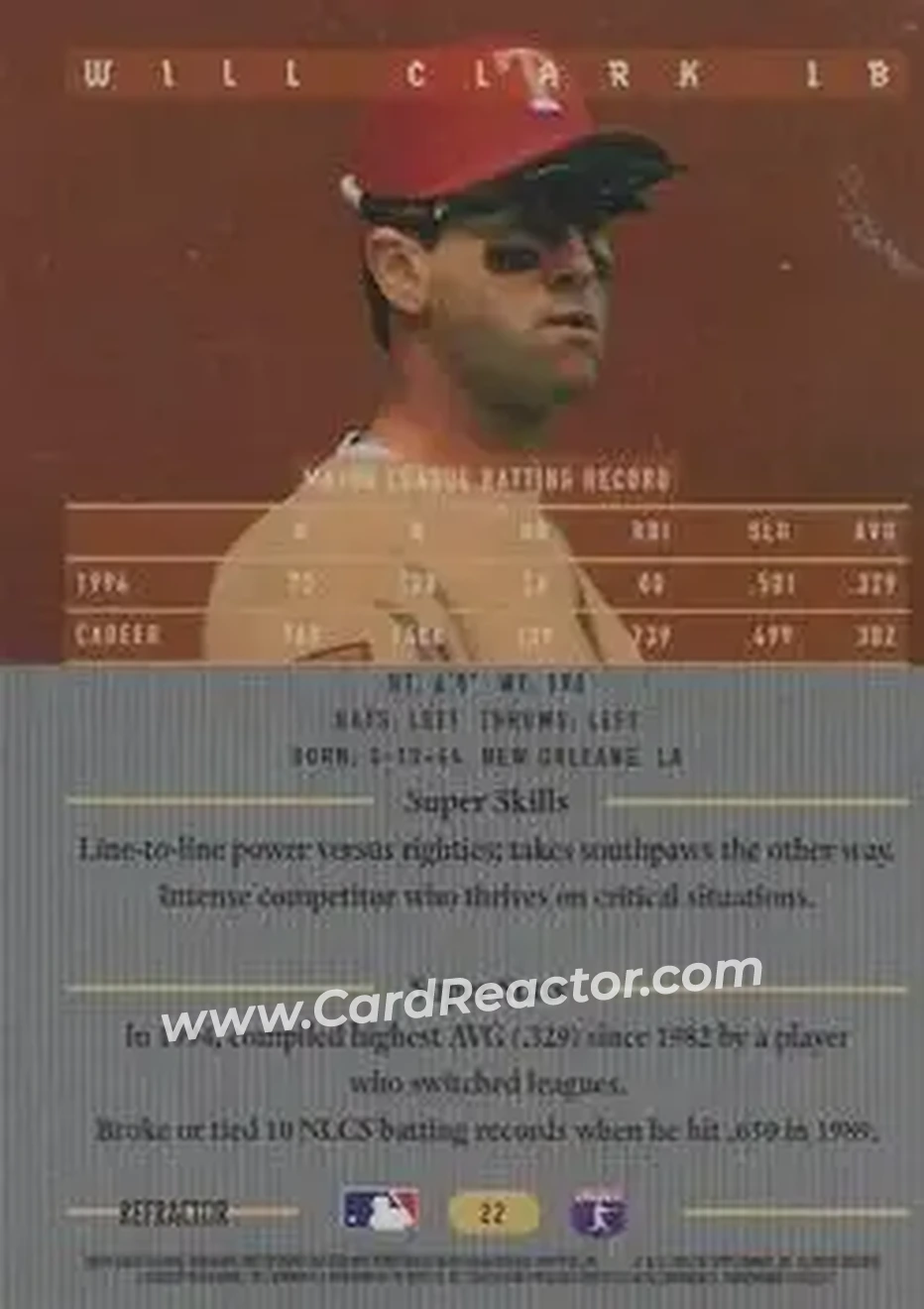 1995 Bowman's Best - Refractors #22 - Will Clark - Texas Rangers - Back 1995 Bowman's Best - Refractors #22 - Will Clark - Texas Rangers - Back