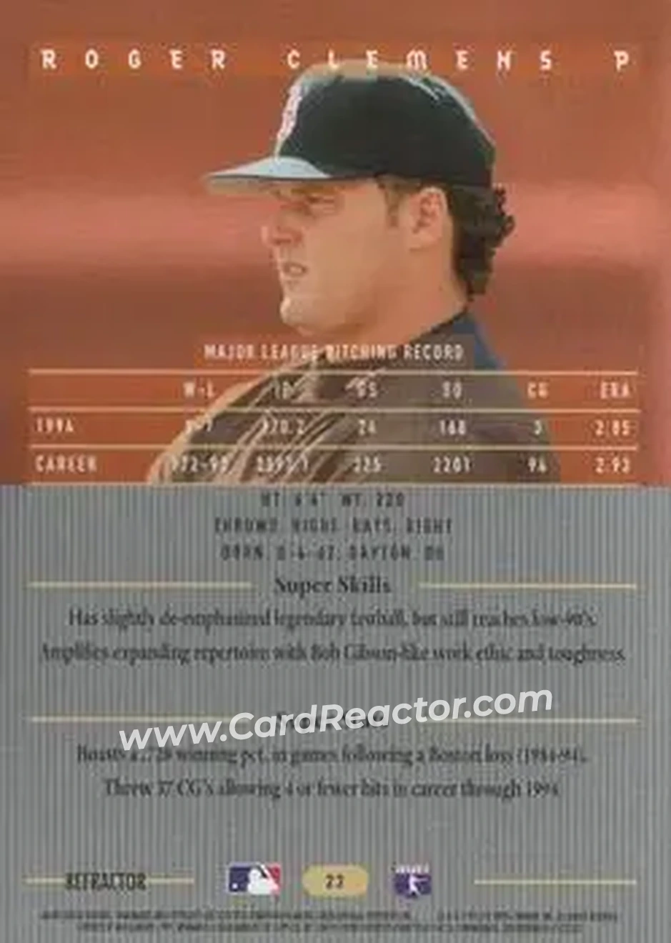 1995 Bowman's Best - Refractors #23 - Roger Clemens - Boston Red Sox - Back