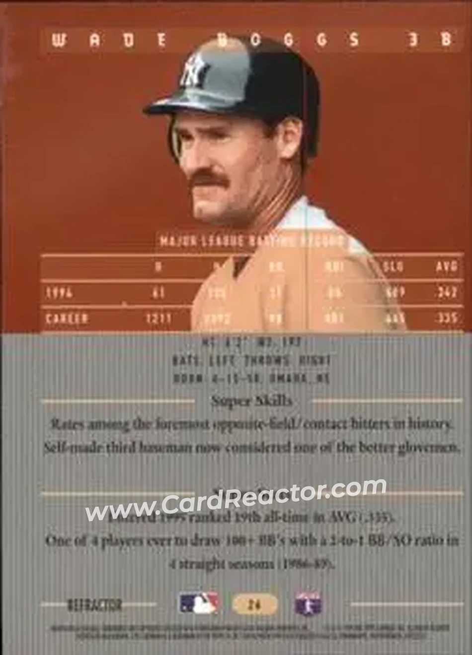 1995 Bowman's Best - Refractors #26 - Wade Boggs - New York Yankees - Back 1995 Bowman's Best - Refractors #26 - Wade Boggs - New York Yankees - Back