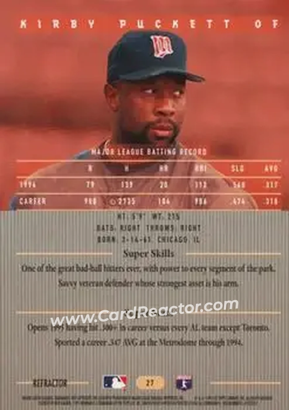 1995 Bowman's Best - Refractors #27 - Kirby Puckett - Minnesota Twins - Back 1995 Bowman's Best - Refractors #27 - Kirby Puckett - Minnesota Twins - Back