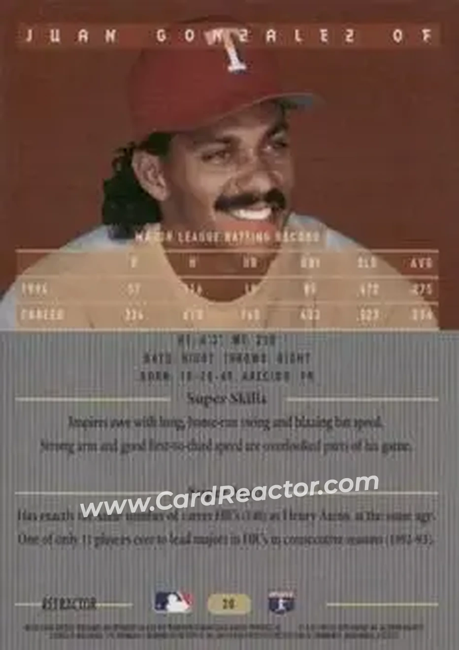 1995 Bowman's Best - Refractors #30 - Juan Gonzalez - Texas Rangers - Back 1995 Bowman's Best - Refractors #30 - Juan Gonzalez - Texas Rangers - Back